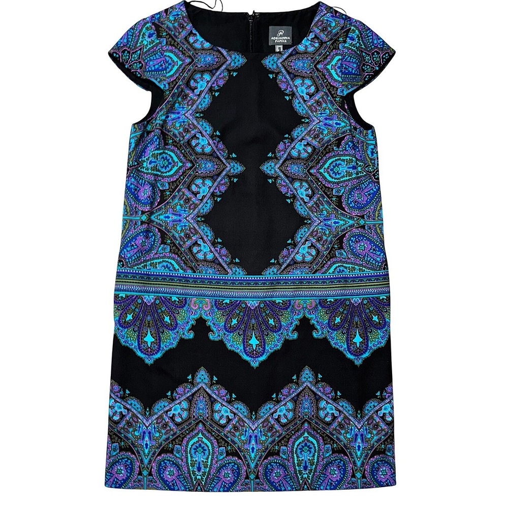 Adrianna Papell Black Paisley Print Cap Sleeve Shift Dress Womens Size 10